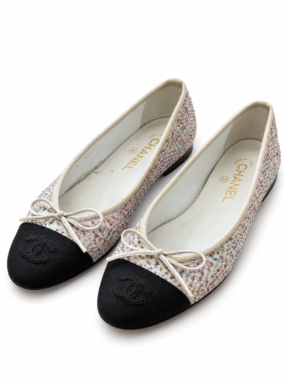 CHANEL Cream Multicolor Sequin Ballet Flats with Black Cap Toe, size 38.5